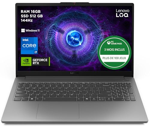 Lenovo LOQ 15IAX9E - Ordinateur Portable Gaming 15.6'' FHD 144Hz (Intel Core i7-12650HX, RAM 16Go, SSD 512Go, NVIDIA RTX 4050 6Go, Windows 11 Home) Clavier AZERTY - Gris