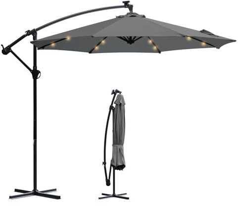 Sekey® Parasol solaire à LED - 300 cm - Parasol solaire - Protection solaire UV50+ - Robuste et stable pour le jardin - Gris foncé
