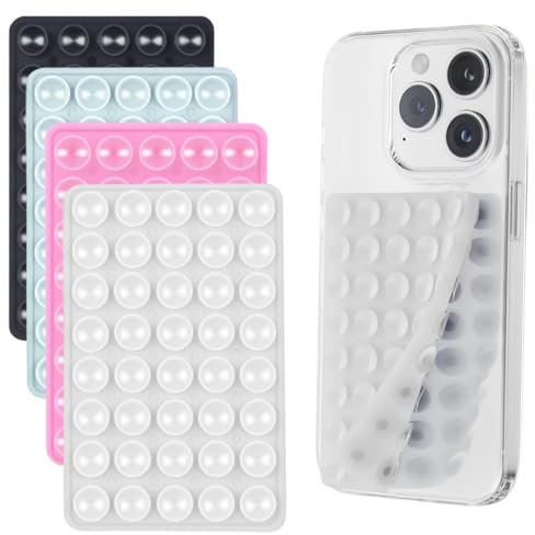 AUXHCYL 4 ventosas de silicona para teléfono móvil de doble cara, ventosa para selfies y vídeos, soporte de ventosa para todos los modelos de teléfono (transparente, negro, rosa, azul)