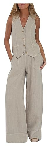 Ensemble 2 pièces en coton et lin pour femme, gilet et pantalon, gilet à boutons, pantalon à jambes larges, blazer décontracté en coton et lin