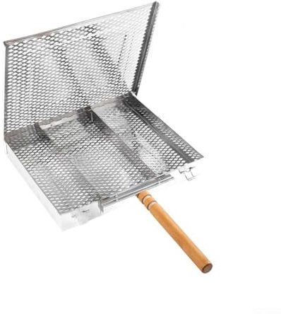 Placha de acero inoxidable, parrilla rectangular para barbacoa con mango de madera, cesta de cocina al aire libre, bandeja portátil para camping, picnic, 25,5 x 30,5 x 4 cm (A)