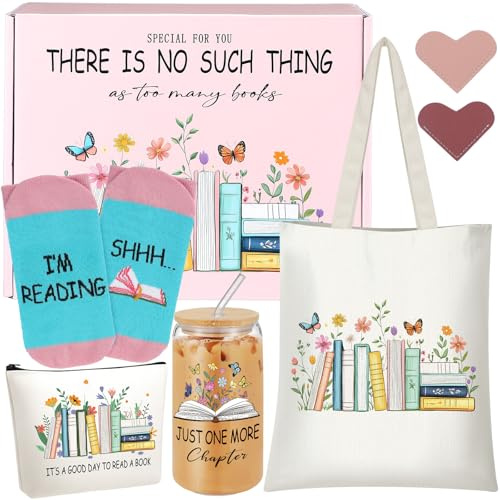 Beeveer Book Lover Gifts Set for Women Bookish Gifts Include Reading Canvas Tote Bag Cosmetic Bags Novelty Socks Leather Heart Bookmarks 16 oz Glass Tumbler for Librarian Bookish Readers Teacher