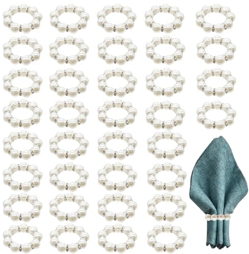 MOAMUN 36 stycken servettringar, pärlor, sträckta servettringar, silver, strass, servettring, servettringar för bröllopsfester, julmiddag, bordsdekoration
