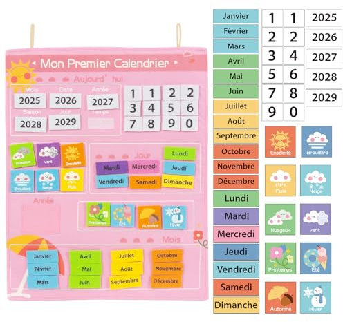 WOODENFUN Calendrier mural feutre tissu éducatif enfants date météo semaine(Couleur rose)