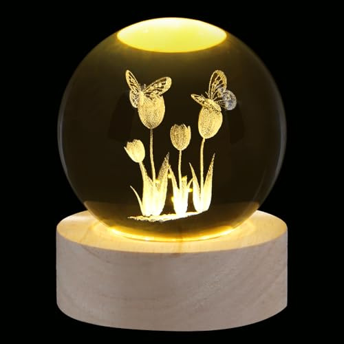 XIANNVXI 3D 60mm Butterfly Crystal Ball Paperweight,Butterfly and Tulips | Butterfly Gifts for Women,Tulip Paperweight Glass Ball Ornament Office Bedroom Desk Shelf Decor Housewarming Gifts