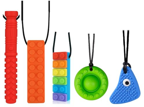 Seeway Sensory Chew Necklace Help Redirect Chewing Habits & Relieve Anxiety | Chew Toys for Autistic Children, Multi Styles, Food-Grade Silicone, BPA-Free, Chewlery for ADHD, SPD, Oral Motor, 5 Pack