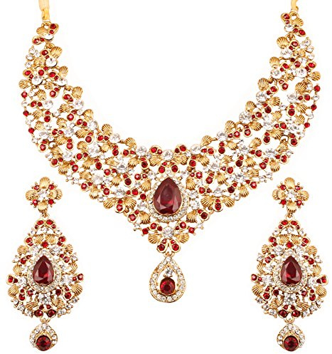 Touchstone Thème floral traditionnel indien bollywood rhins blancs et bonbons rouge faux rubis bijoux de mariée designer designer collier ensemble pour femme Rouge