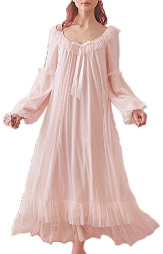SINGINGQWEEN Chemise de Nuit Vintage Victorienne à Manches Longues pour Femme, vêtement de Nuit, Rose, Large
