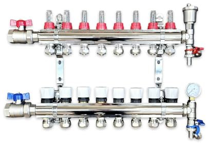 Water Underfloor Heating 8 Ports Manifold with Pipe Connections,Main Isolating Ball Valves, Automatic Air Vent End Unit, Pressure Gauge End Unit, Filling Drain Off Valve