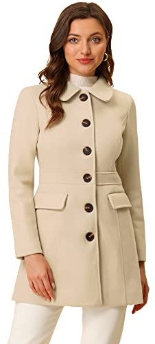 Allegra K Abrigo de invierno con cuello de piel sintética de un solo pecho para mujer Beige M
