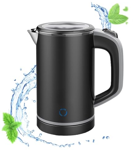MiliPow Wasserkocher Klein 800 ML, 600W Reise Wasserkocher mit Sockel | Abnehmbarer Deckel | Innentank aus Edelstahl 304 | Trockengehschutz | Automatische Abschaltung (Schwarz)