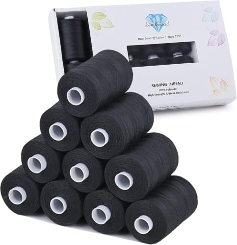 Simthread All-Purpose Black Sewing Thread, 10 Spools, 1000 Yards Each | Ten black spools, each with 1000 yards of 100% polyester thread for machine sewing, hand stitching, quilting and repairs.