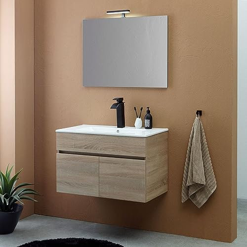 Kiamami Valentina - Mobile bagno sospeso rovere brown 80cm, lavabo e specchio 80x60 Silvia