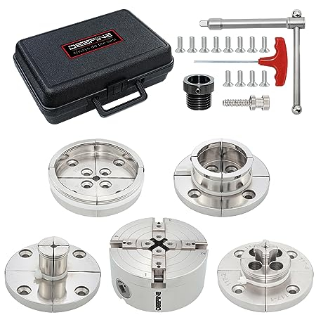 DEEFIINE 4 Jaw Wood Lathe Chuck Set, 4 Inch Nickel Plated Self-Centering Lathe Chuck 1 x 8TPI Thread & 3/4 x16TPI Adapter for Woodturning（4 Jaws