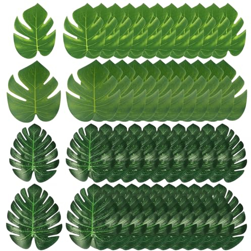 Lot de 48 feuilles de palmier artificielles Monstera - Feuilles tropicales - Décoration de fête - Vert - Décoration de plage, jungle - Anniversaire (deux tailles)