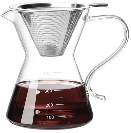 COFISUKI Cafetera para verter – Elegante cafetera de goteo con filtro de acero inoxidable reutilizable, jarra de café de vidrio de borosilicato sin plomo para 1-2 tazas (400 ml/13.5 onzas)