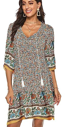 BDTECAOR Dam, vintage, etnisk stil, blommönster, bohemisk tunika, klänning, V-ringad, 3/4-ärm, strandklänningar, sommarklänningar, Aprikos, XXL