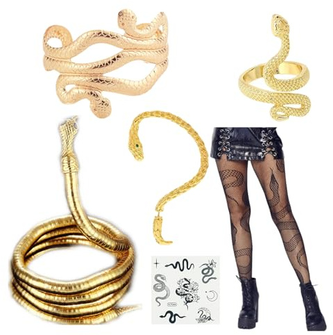 JinYu Juego de joyas de serpiente dorada: anillo, gargantilla, brazalete, tatuajes temporales, medias de red con patrón de serpiente para mujer