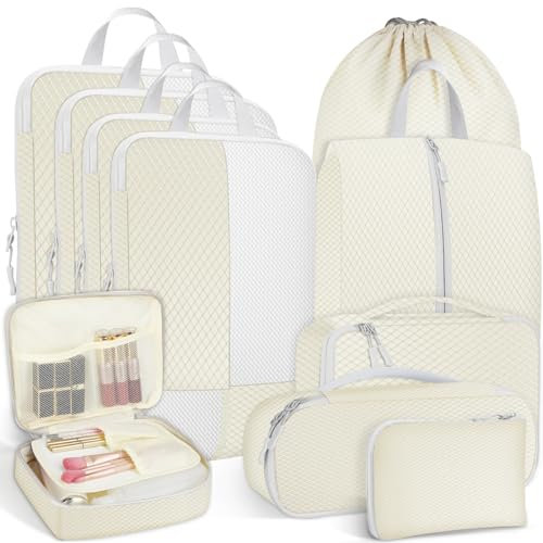 Avmvnvc Organizador Maleta, 10PCS Organizador de Equipaje, Organizador de Maleta de Compresión, Bolsas Organizador Maleta Viaje, Impermeable Packing Cubes, Bolsa de Ropa Zapatos Cosméticos, Beige
