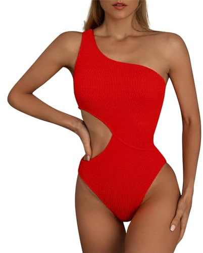 Bañador Natacion Mujer Traje de Baño Mujer 2024 Sexy Reductor Barriga Swimsuit Un Hombro Color Sólido Bañador Brasileño Deportivo Bañadores con Relleno Playa Arena Tankinis Swimwear (Rojo,S)