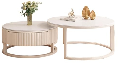 HRXQ Runder Couchtisch Weiß Wohnzimmertisch Mit Stauraum, 50cm+70cm Moderne Couchtisch Rund 2er Set Satztische Kaffeetisch Für Wohnzimmer, Balkon Und Büro