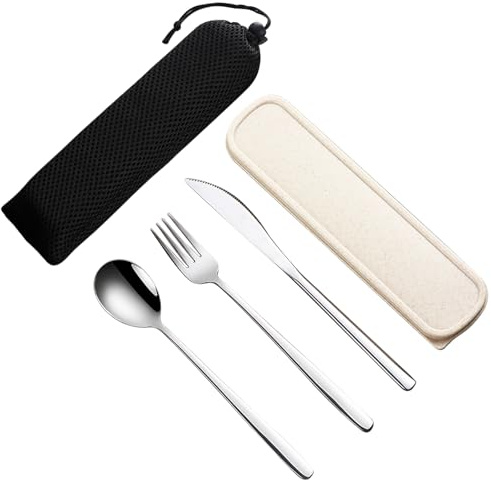 VANRA 3 stycken bärbara resebestick-set med resväska 18/8 rostfritt stål bestickset återanvändbara bestickset med gaffel sked kniv för lunch resor camping skola arbete picknick (silver)