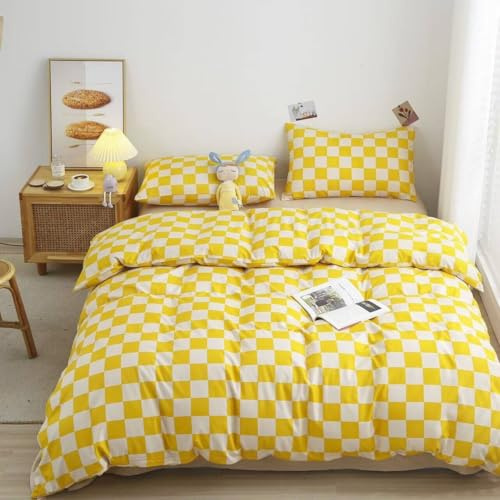 Lunoroey Ensemble de Housse de Couette Jaune et Blanc Échiquier à Carreaux Contrôlé Couverture de Courtepointe Géométrique Microfibre Douce Légère Ensemble de Literie pour Toutes Les Saisons