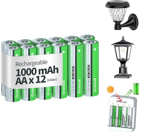 Granicell Rechargeable Batteries 12 PCS, 1.2V, 1000mAh AA Solar Batteries, Pre-Charged, High Capacity Double A Ni-MH Battery, Ideal for Solar Lights, String Lights and Household Equipment