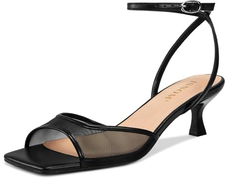 ISNOM Strappy Heels for Women Kitten Sandals Square Toe Heel Ankle Strap Mesh Low Heels Comfort Summer Dress Shoes (Black Size9)