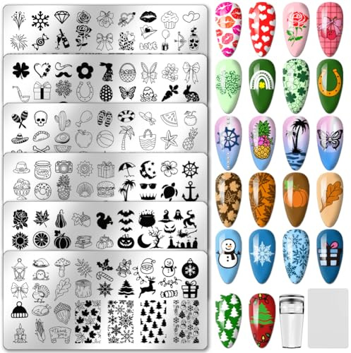 PH PandaHall 6 plantillas de estampado de uñas temáticas de vacaciones, verano, playa, uñas, plantillas de arte para Halloween, Navidad, arte de manicura, plantillas de San Valentín, Pascua, sellos