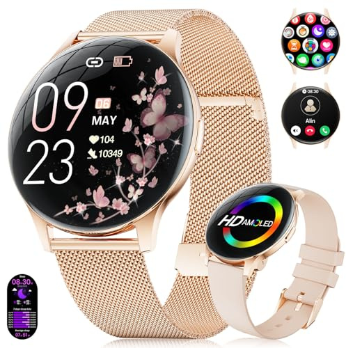 Reloj Inteligente Mujer 2025-7.99 mm Ultra-Delgado Elegante Fitness Watch con 1,43'' HD AMOLED Pantalla, Llamadas/IP68 Impermeable, 100+ Modos de Deporte, Salud de la Mujer para iOS Android, Oro Rosa
