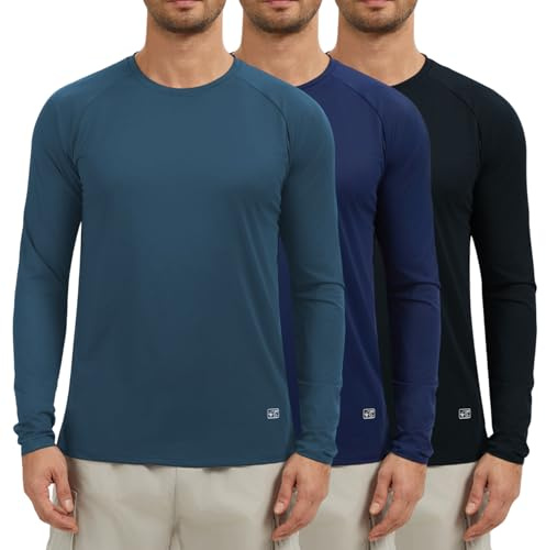AMZSPORT Paquete de 3 Camisetas Hombre Manga Larga con Protección Solar UV UPF 50+ Camiseta Técnica Transpirable y de Secado Rápido para Correr, Deporte, Outdoor Noir Bleu Marine Bleu L