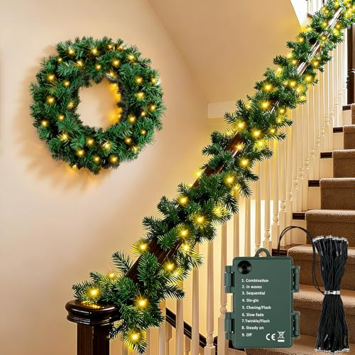 Guirnalda Navidad con Luces - Decoracion Navidad Grinalda Natal con 40 Luces LED, Verde Christmas Garland Guirnaldas Abeto, Artificial Guirnaldas Navideña para Escaleras Chimeneas Puerta, 2.4m
