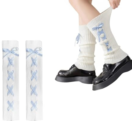 ARYIMYDP 1 Par de Calentadores de Piernas para Mujer con Lazo, Estilo Y2K Harajuku para Niñas, Accesorio de Moda para Botas y Deporte, Suave y Elástico, Blanco
