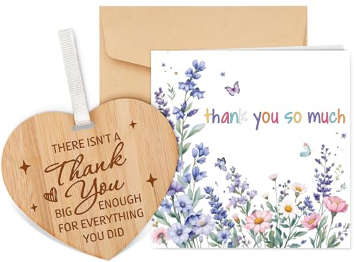 Welsky Thank You Cards with Envelope, Thank You Teacher Cards Gifts with Wooden Heart Plaque, Wedding Christmas Mothers Day Birthday Gifts for Women Mum Friends Teacher Employee
