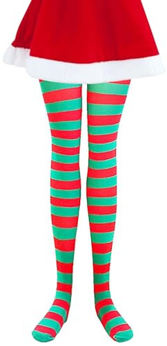 Medias a Rayas a Juego – Medias Altas hasta el Muslo para niñas de 110-115 cm, Calcetines clásicos de Rayas Rojas y Verdes | Accesorio Festivo Adecuado para Navidad, Halloween, Cosplay,