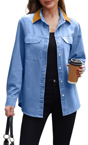 Hersuitful Denim Shirt Women Chambray Jean Shirts Long Sleeve Button Down Western Blouse with Contrast Collar Blue L