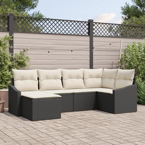 RMIHSJG Set da 6 pezzi per sala da pranzo da giardino con cuscino, colore nero, in polyrattan, resistente alle intemperie, per terrazze, balconi, giardini, comodi gruppi di seduta con imbottitura