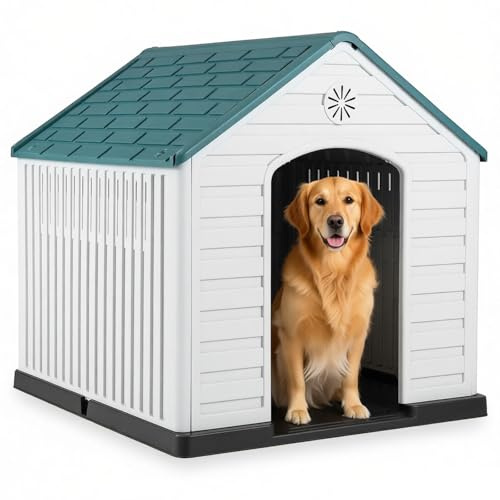 Maxmass Plastic Dog House, Weather-Resistant Dog Kennel with Roof, Elevated Floor, Air Vents, Indoor Outdoor Pet House Waterproof Pet Cage Large Pet Shelter for Dogs Cats Rabbits (Dark Blue+White)