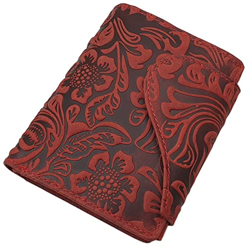 myledershop Vollrindleder Damen Hochformat Geldbörse/Geldbeutel/Portemonnaie mit Außenriegel mit Lianen Prägung oder ohne Prägung und RFID & NFC Schutz inkl. Nähset (Mit Lianen Prägung/Kirschrot)