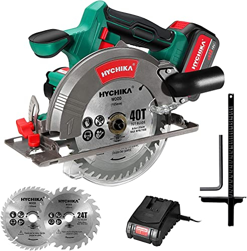 HYCHIKA Sierra circular sin cable, 18V con 2 hojas de 165 mm, profundidad máx. de corte 53 mm (90°)/36 mm (45°),(Cargador rápido y batería de 4,0 Ah incluidos)