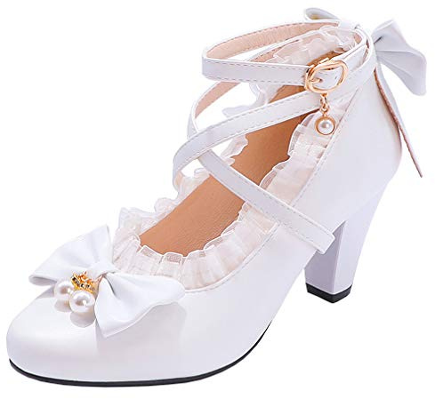 Parisuit Women's Chunky High Heels Ankle Strap Pumps Mary Jane Bow Lace Dress Shoes-White Size 8.5