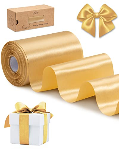 FAKILO Geschenkband 10cm Breit Satinband Gold Band für Grand Öffnung, Eröffnungszeremonie, Schleifenband Ringelband für Weihnachten Neujahr Geschenk Hochzeit Valentinstag Deko