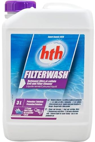 HTH FILTERWASH Liquide teinté - 3L | Nettoyant Filtre et Cellule Electrolyse + 10 Tests HPS OFFERTS 6 en 1