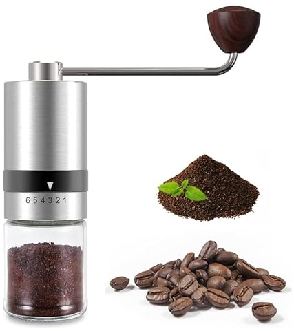 SANON Molinillo de café manual，Moledora cafe manual regulable， 6 Configuraciones Ajustables, Coffee grinder Acero inoxidable y vidrio，Regalo.