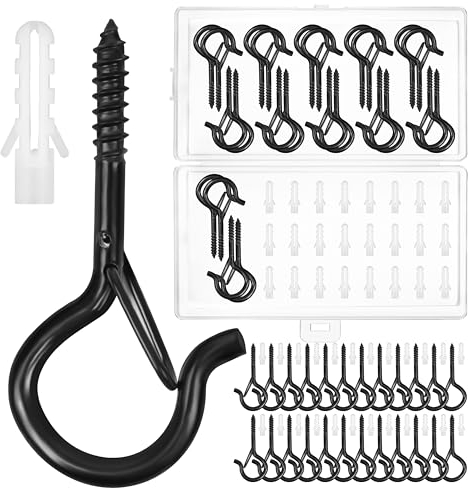 Winter Shore Lot de 24 Vis Crochet avec Chevilles - Crochet Plafond 53 mm avec Loquet de Sécurité - Piton à Visser pour Suspendre Guirlandes Lumineuses Exterieur, Paniers & Plantes - Capacité 18 kg