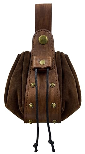 Sac en Faux Cuir Médiéval Vintage,Pochette de Ceinture à Cordon Renaissance,Porte-Monnaie Portable Cosplay Viking,Sac à dés Moyen-Âge pour LARP Ren Faire Accessoires de Costume (Marron A)