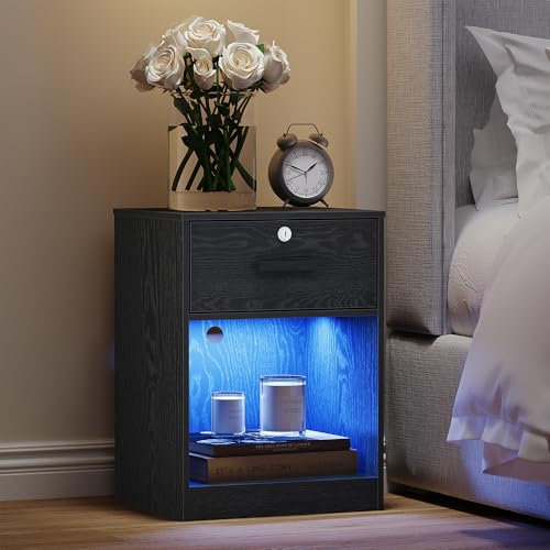 Hzuaneri Nachttisch, Beistelltisch mit Verstellbarer LED-Beleuchtung, 1 Schublade mit Schloss, Offener Raum, Modern-Minimalistisch, 35 x 40 x 55 cm, Schwarz NS36804X