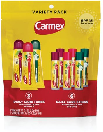 Carmex Daily Care Moisturizing Lip Balm Pack, SPF 15, Multi-Flavor Lip Care Variety Pack Bag, 9 Count (3 Tubes, 6 Sticks)