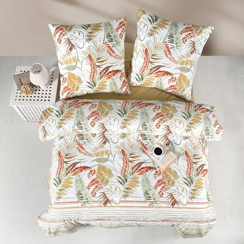 ZIRVEHOME Bettwäsche 155x220 Beige 4-teilig Baumwolle Bettwäsche-Set warm und Kuschelig Kissenbezug Baumwoll Bettbezug exotisches Blätter und Streifenmuster Orange, Braun. Oliva